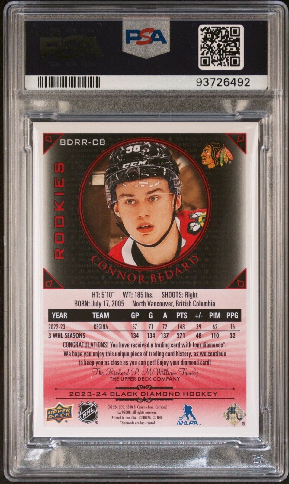2023 UPPER DECK RARE Connor Bedard BLACK DIAMOND ROOKIE GEMS RUBY PSA 9 #35/49