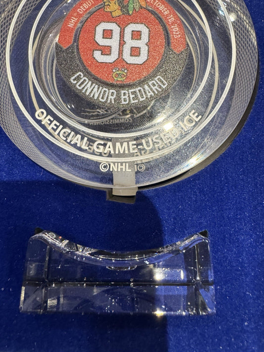 Connor Bedard NHL Debut Crystal Puck Chicago Blackhawks Game Ice Fanatics