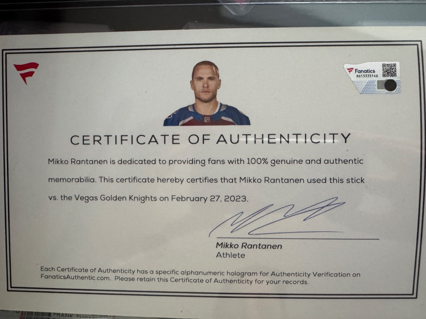 Mikko Rantanen Game Used 40th Goal Signed Stick Fanatics Player Verified