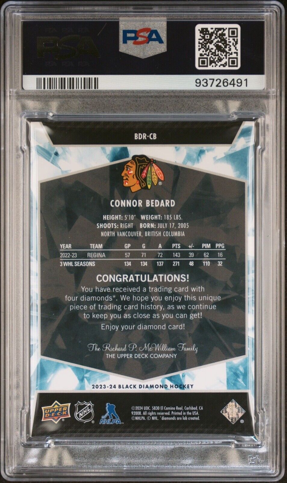 2023 UPPER DECK RARE Connor Bedard BLACK DIAMOND Rookie QUAD-EMERALD [#3/10] SSP