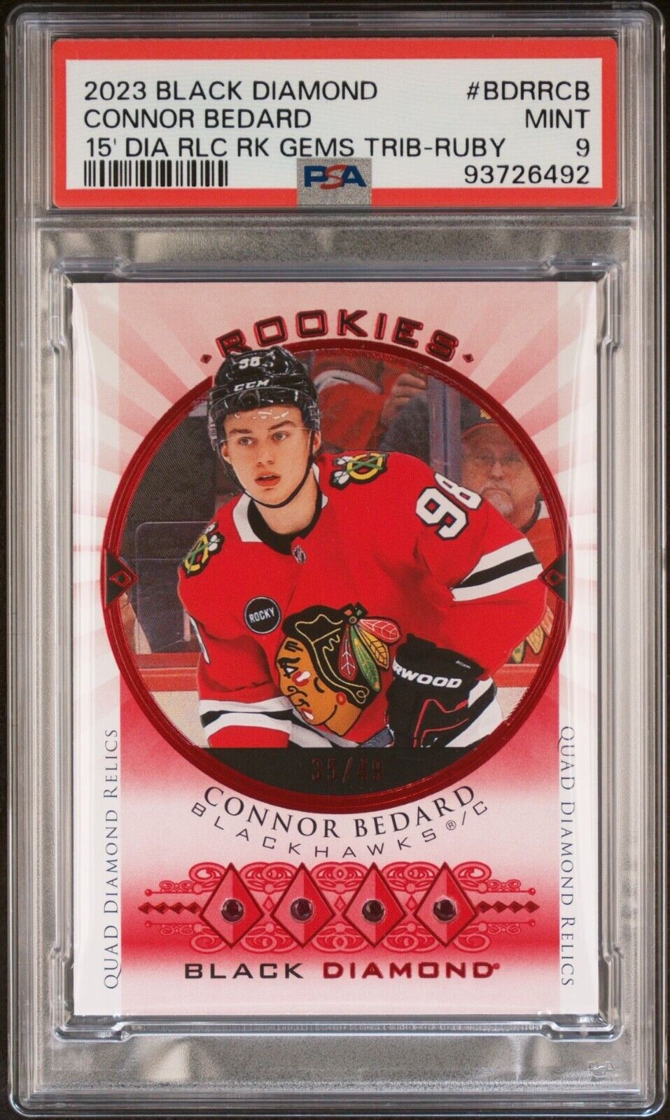 2023 UPPER DECK RARE Connor Bedard BLACK DIAMOND ROOKIE GEMS RUBY PSA 9 #35/49