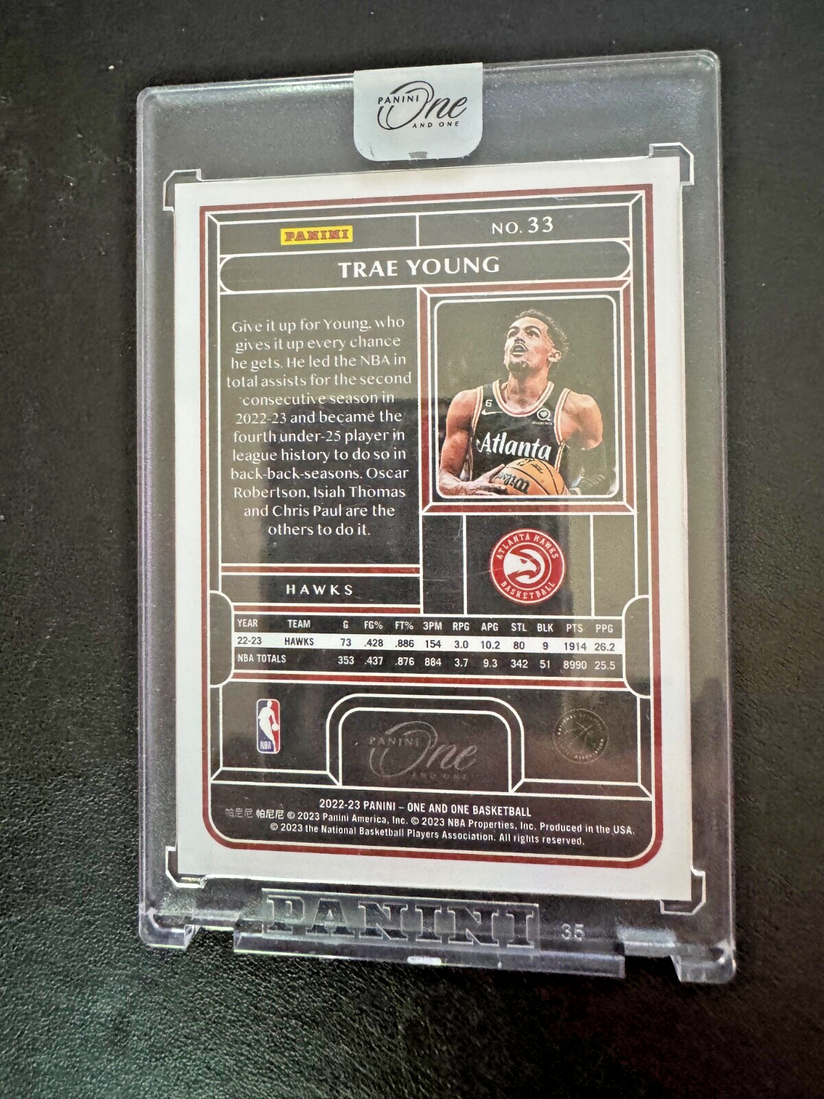 2022-23 Panini One and One Trae Young #33 Blue 25/40 Encased