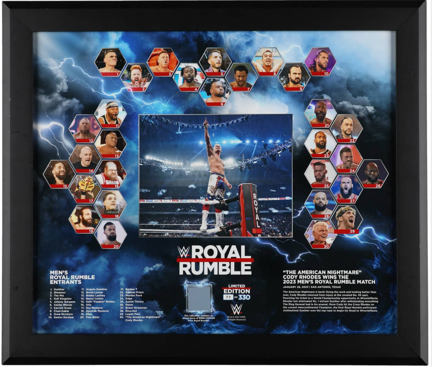 2023 WWE Royal Rumble Framed Limited Edition Relic Print (#54/300) - 24 x 28