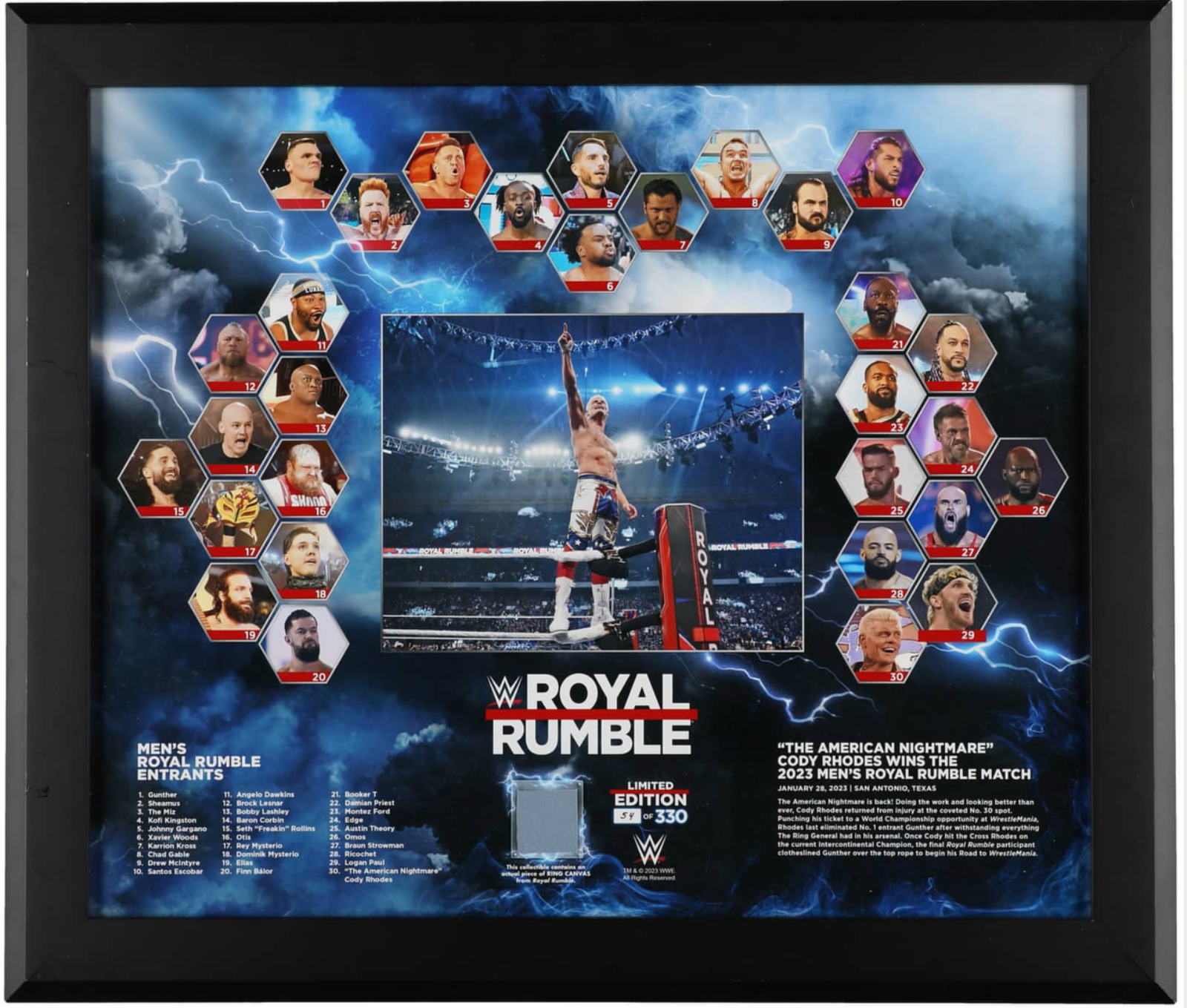 2023 WWE Royal Rumble Framed Limited Edition Relic Print (#54/300) - 24 x 28
