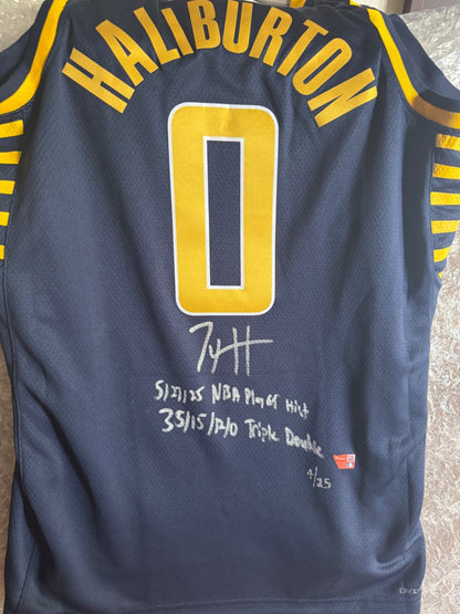 Tyrese Haliburton Signed Jersey – 5/27/25 Playoff Hist 35/15/12/0 Triple Double