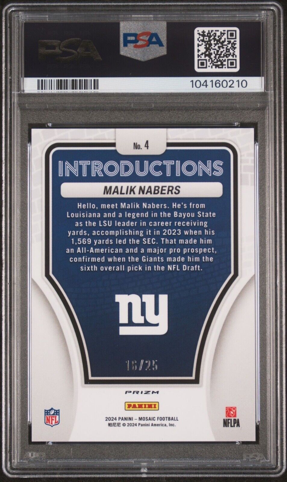 2024 Mosaic Malik Nabers Introductions White 16/25 PSA 9 POP 3 (none higher) RC 