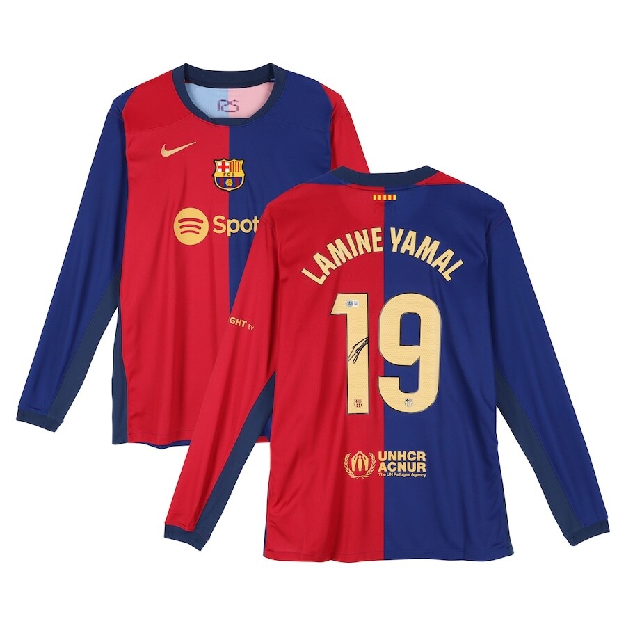 Lamine Yamal FC Barcelona Signed 2024-25 Red and Blue Long Sleeve Nike Jersey
