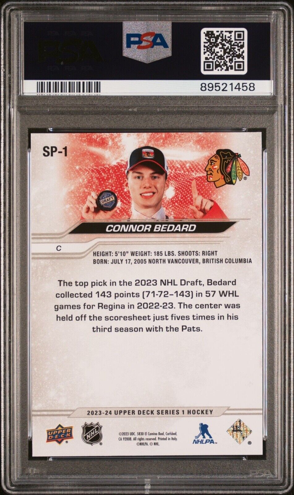 2023-24 Upper Deck Connor Bedard #SP-1 NHL Draft SP PSA 9