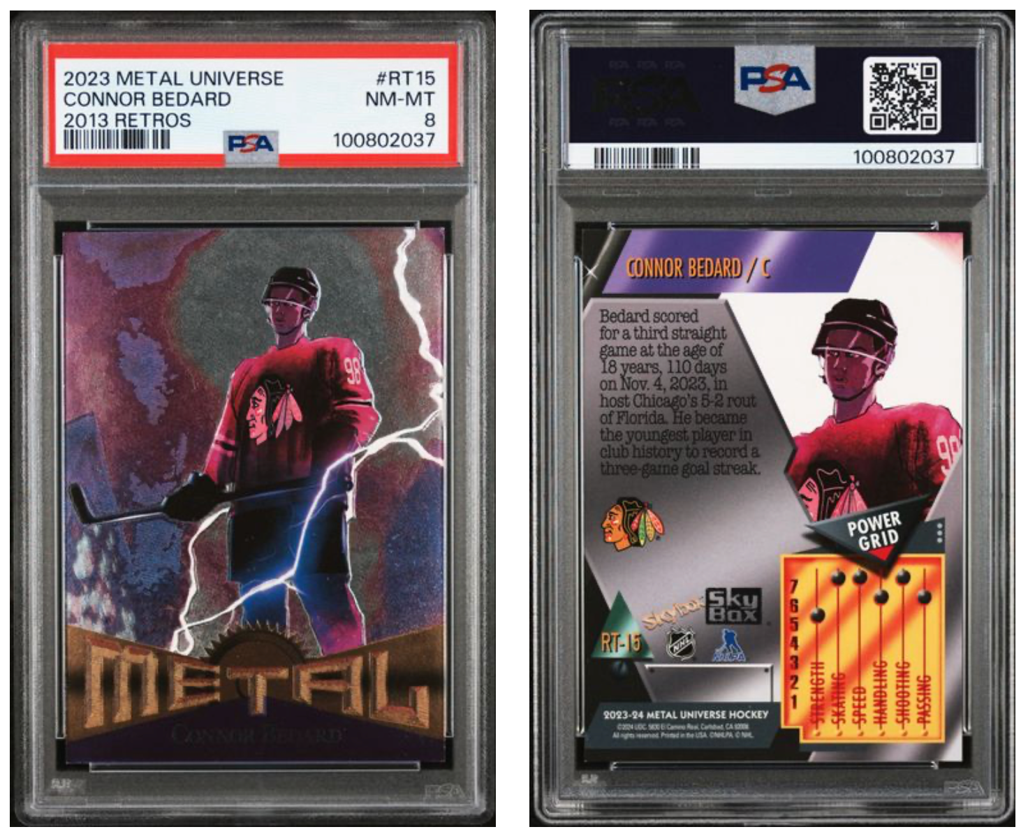 2023-24 Skybox Metal Universe 2013 Retro Connor Bedard RC RARE LOW POP PSA 8