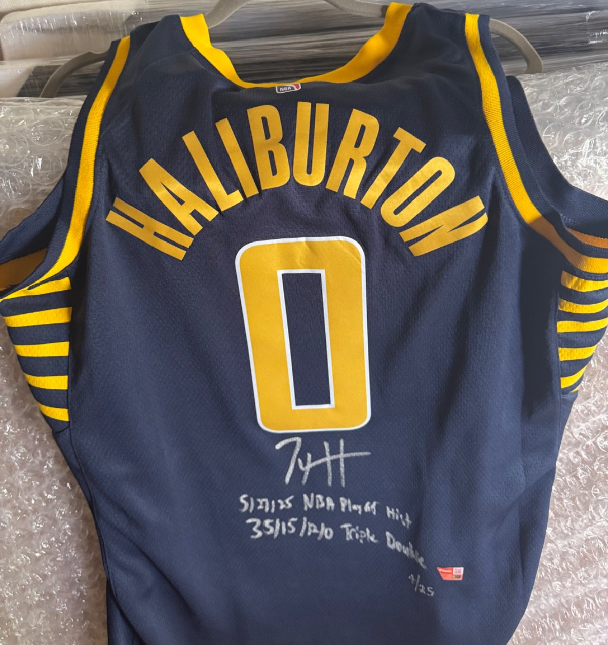 Tyrese Haliburton Signed Jersey – 5/27/25 Playoff Hist 35/15/12/0 Triple Double