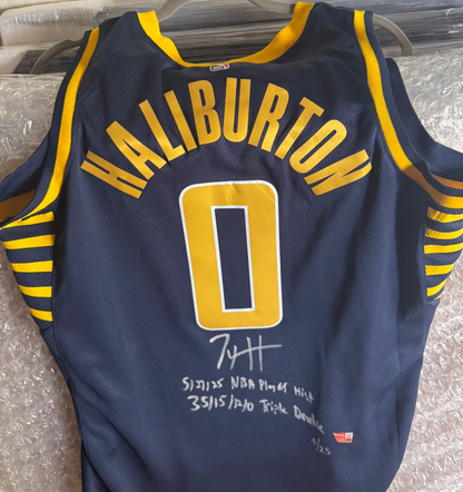 Tyrese Haliburton Signed Jersey – 5/27/25 Playoff Hist 35/15/12/0 Triple Double
