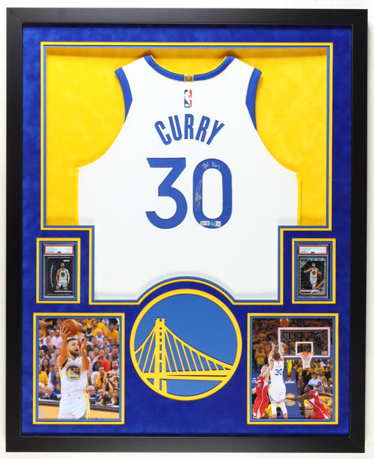 Steph Curry Signed/Framed Warriors Jersey LEDs + 2 PSA Cards, Beckett Inscribed