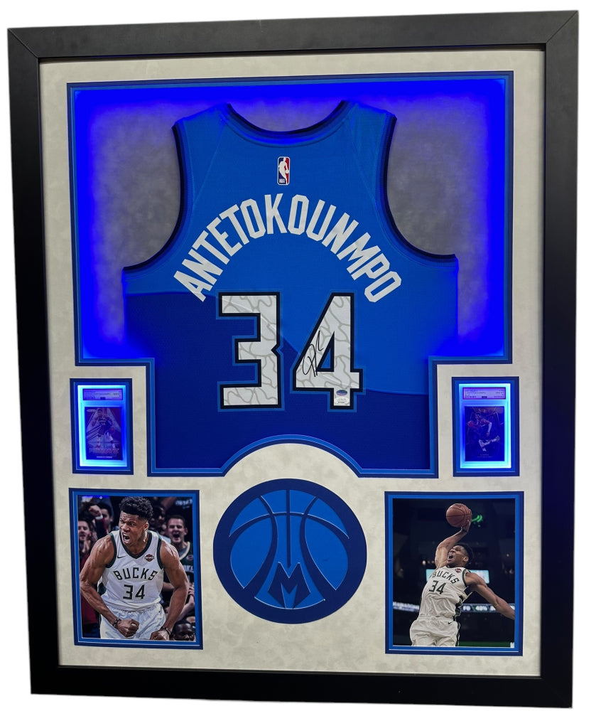 Giannis Antetokounmpo Signed Framed Bucks LED Backlit Jersey Display 2 PSA