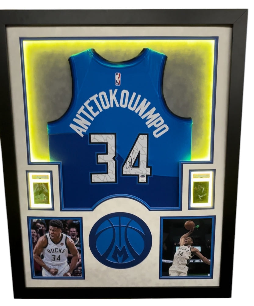 Giannis Antetokounmpo Signed Framed Bucks LED Backlit Jersey Display 2 PSA