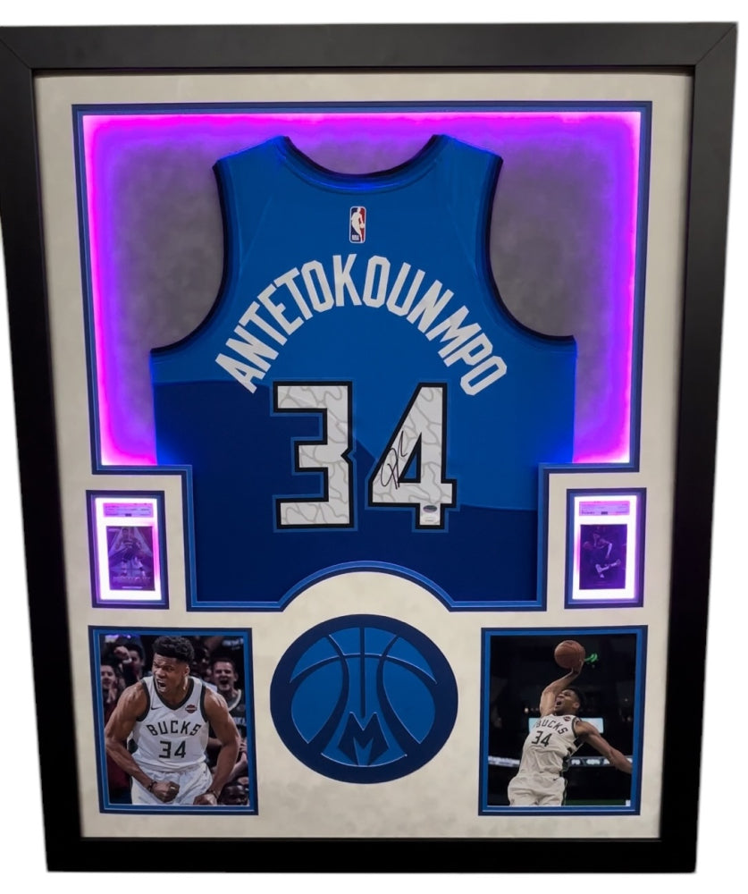 Giannis Antetokounmpo Signed Framed Bucks LED Backlit Jersey Display 2 PSA