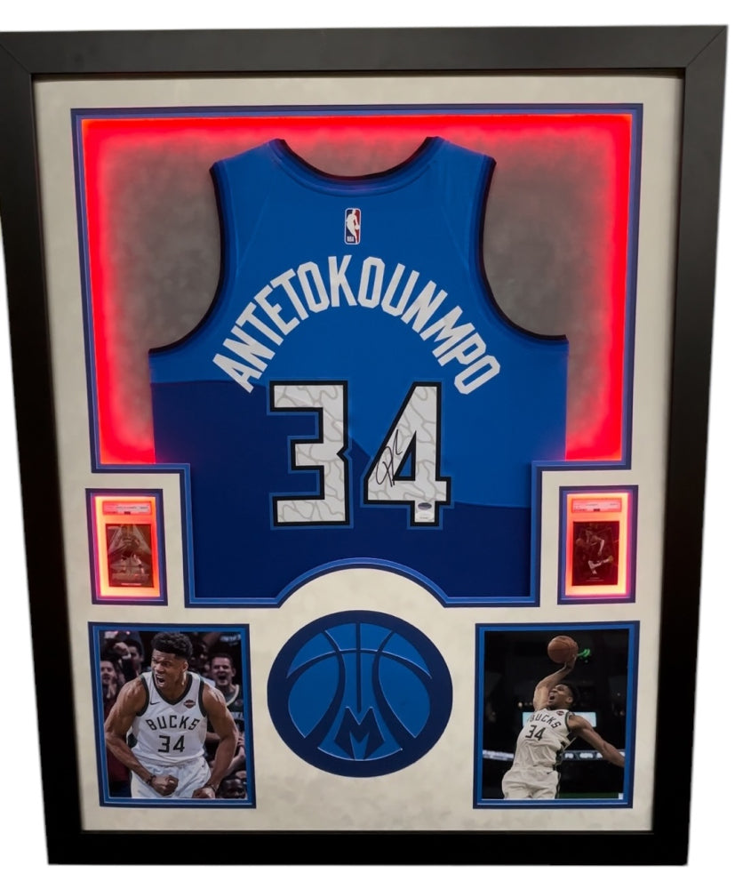 Giannis Antetokounmpo Signed Framed Bucks LED Backlit Jersey Display 2 PSA