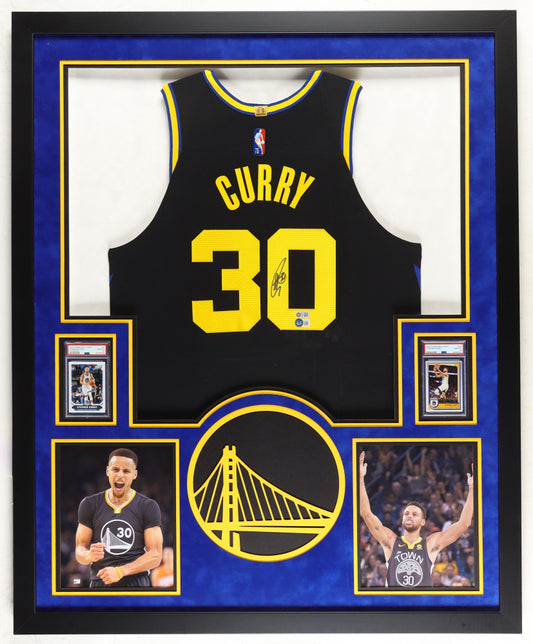 Steph Curry Signed & Framed Warriors Jersey w/ LEDs + 2 PSA Cards, Beckett COA