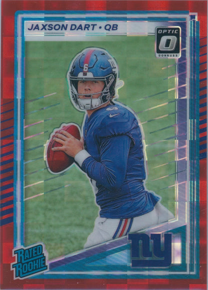 2025 Donruss - Rated Rookie Jaxson Dart #400 Optic Preview Red Pandora RC Giants